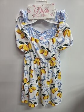 Girls White Lemon Print Casual Dress with Blue Accents